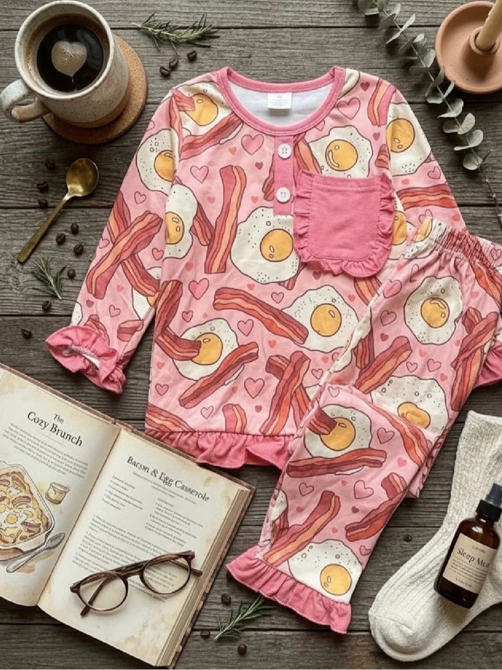 Pink Breakfast Print Kids Pajama Set - Soft Cotton Sleepwear